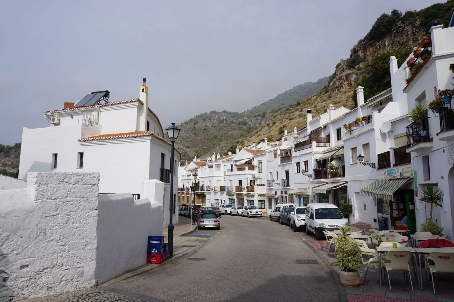 Calle de casas encaladas con rejas y macetas en un pueblo de Andalucía